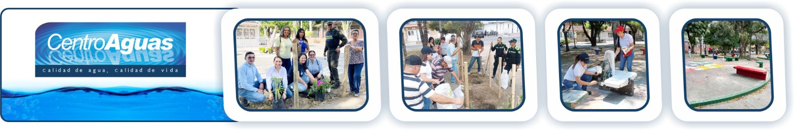 Diseño con 4 fotografías sobre las adecuaciones en el parque, siembra de plantas y restauración de bancas 