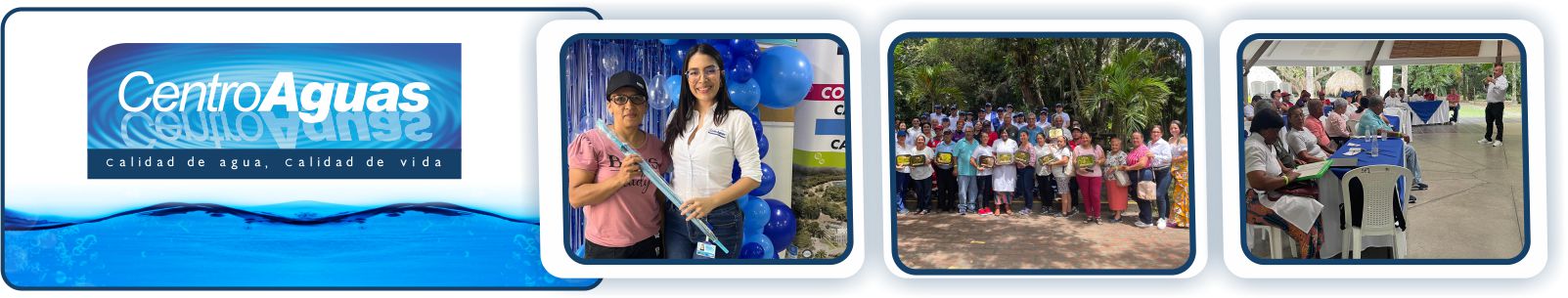 Diseño con tres fotografías de la celebración del Usuario en la sala de atención y de los vocales 