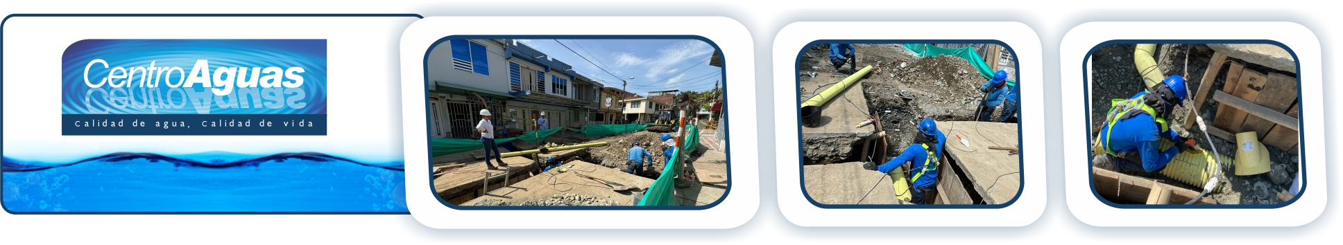 CENTROAGUAS adelanta obra de alcantarillado en el barrio Diablos Rojos Diseño con tres fotografías donde se ve al personal trabajando en la obra