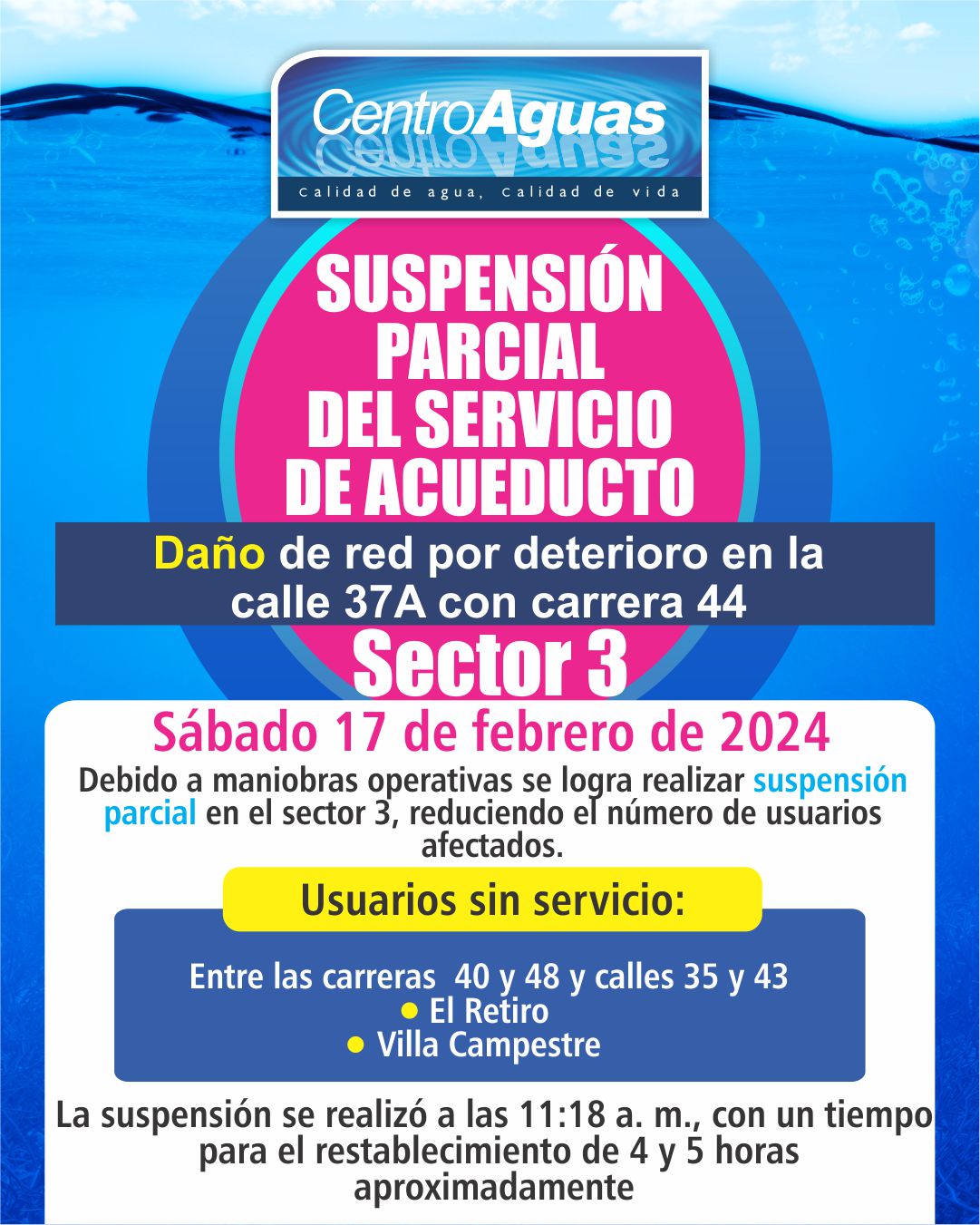 Suspensión parcial del servicio de acueducto en el sector 3