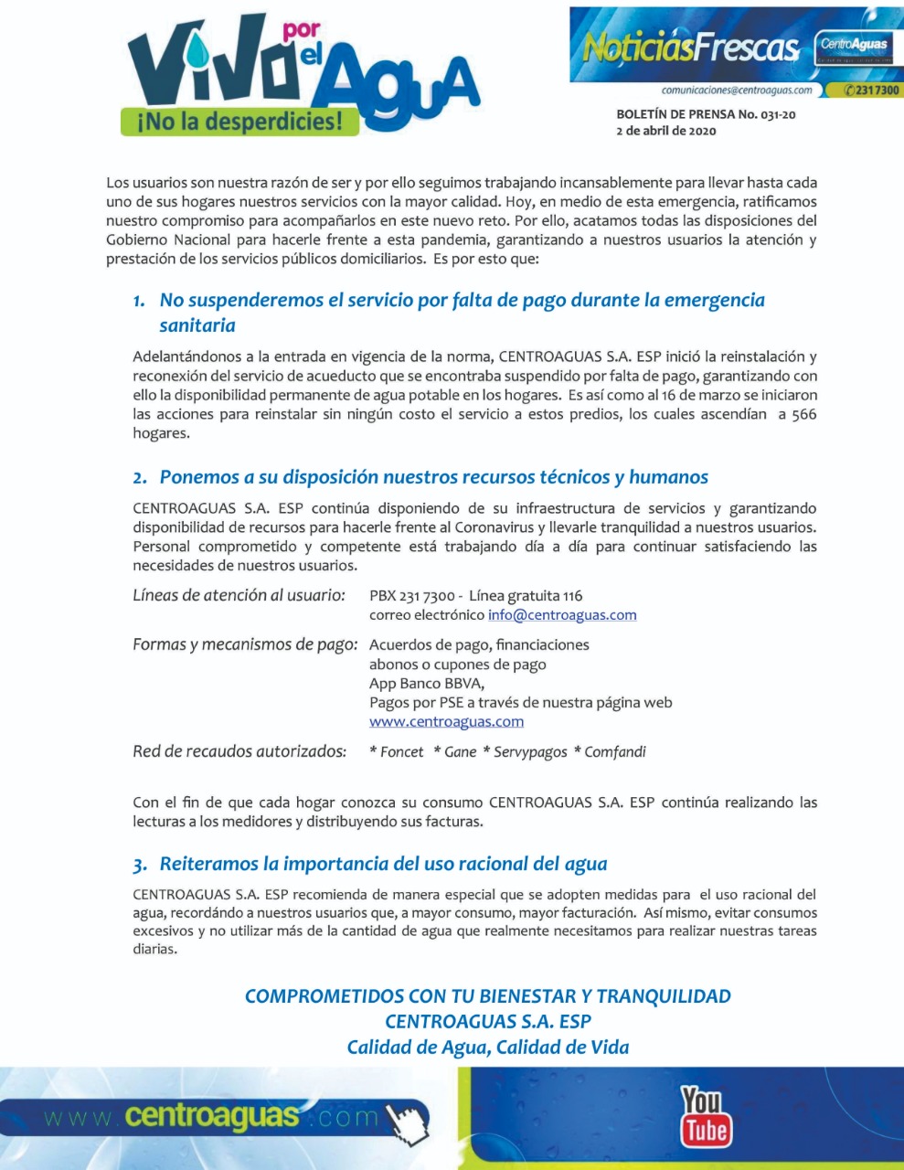 Imagen representativa informando a los usuarios que no se suspenderá el servicio de agua por falta de pago durante la emergencia sanitaria