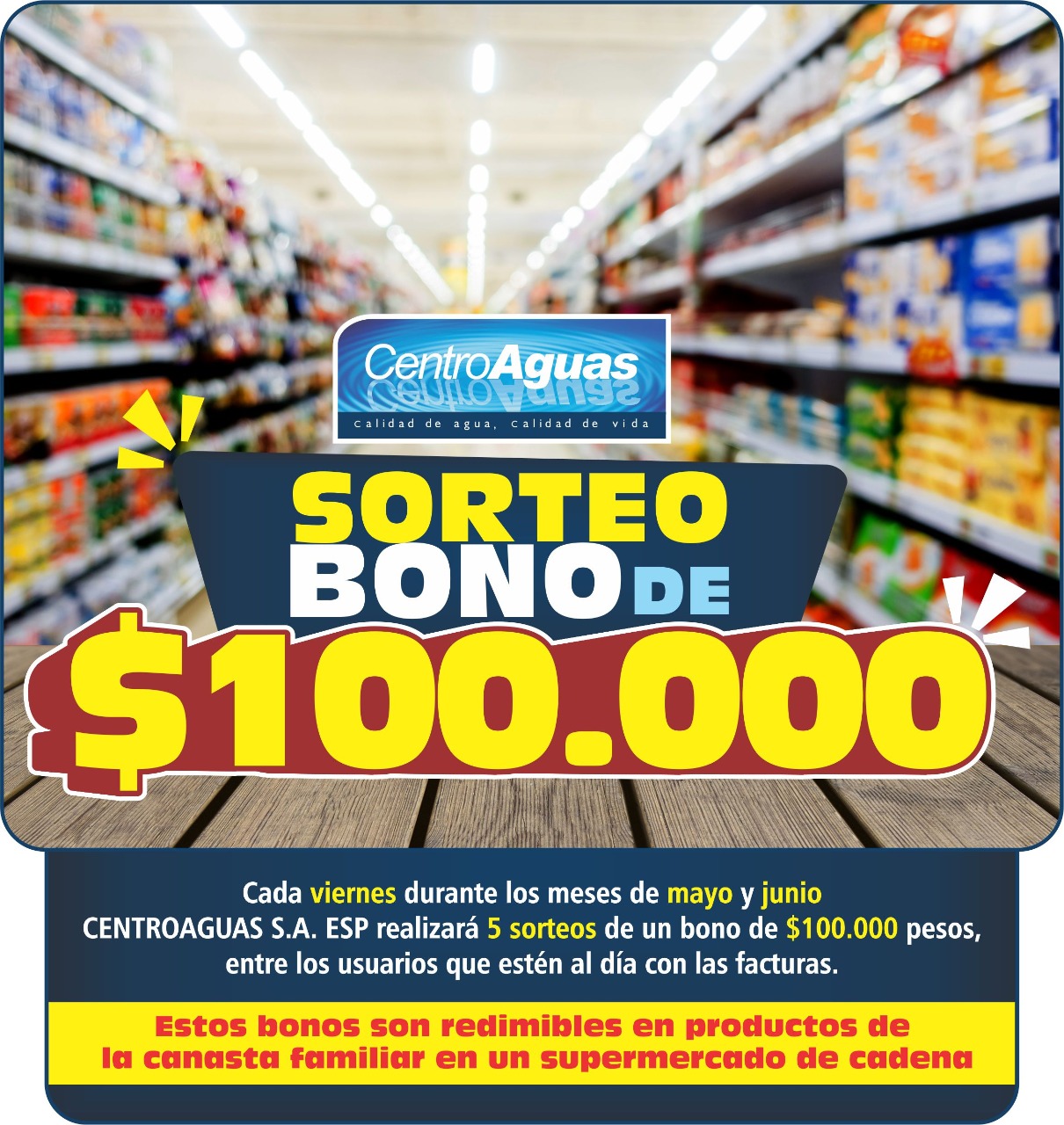 Imagen representativa informando que centroaguas realizará cada viernes el sorteo de cinco bonos de $100.000 cada uno