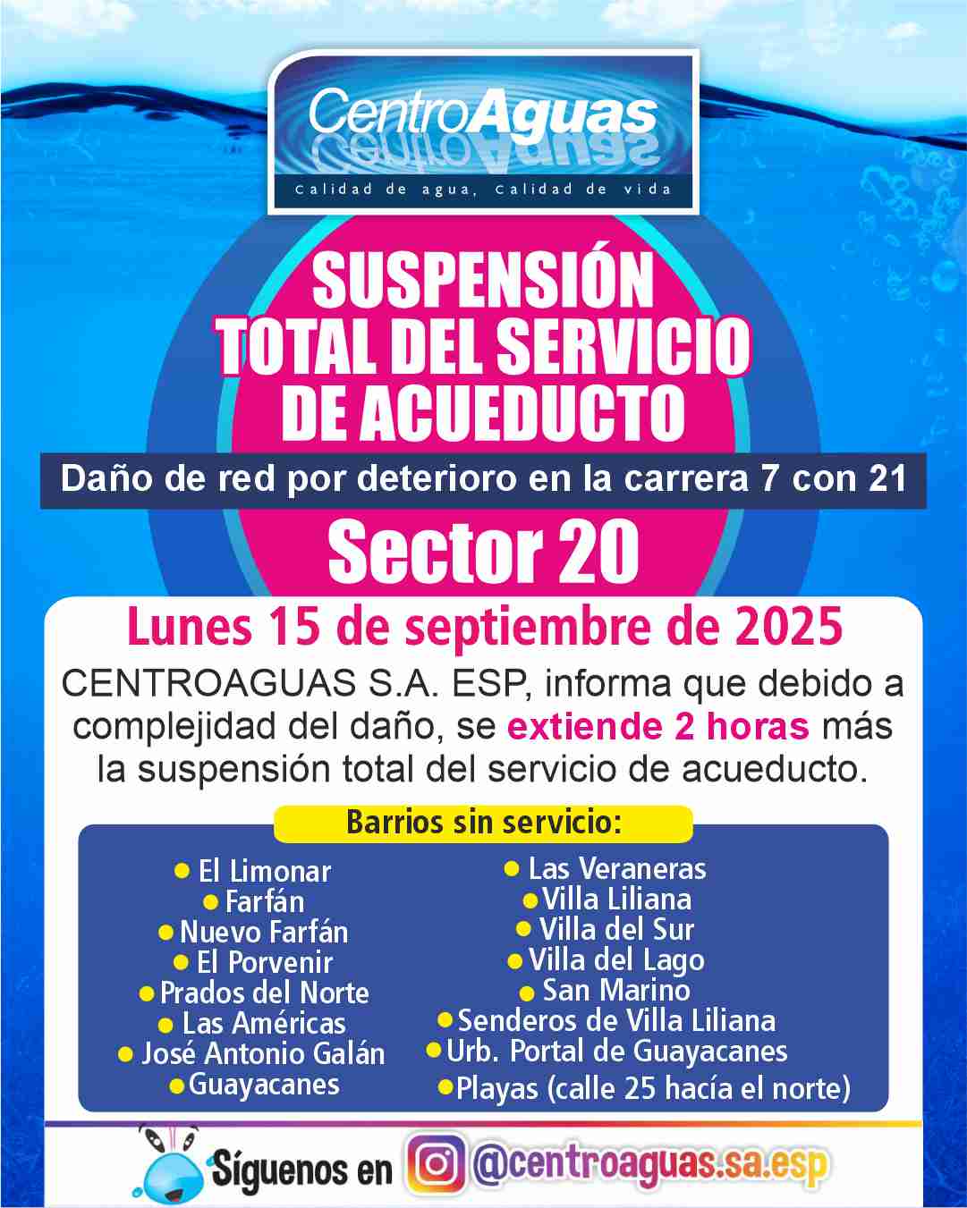 Se extiende el tiempo de suspensión total del servicio de acueducto del sector 20