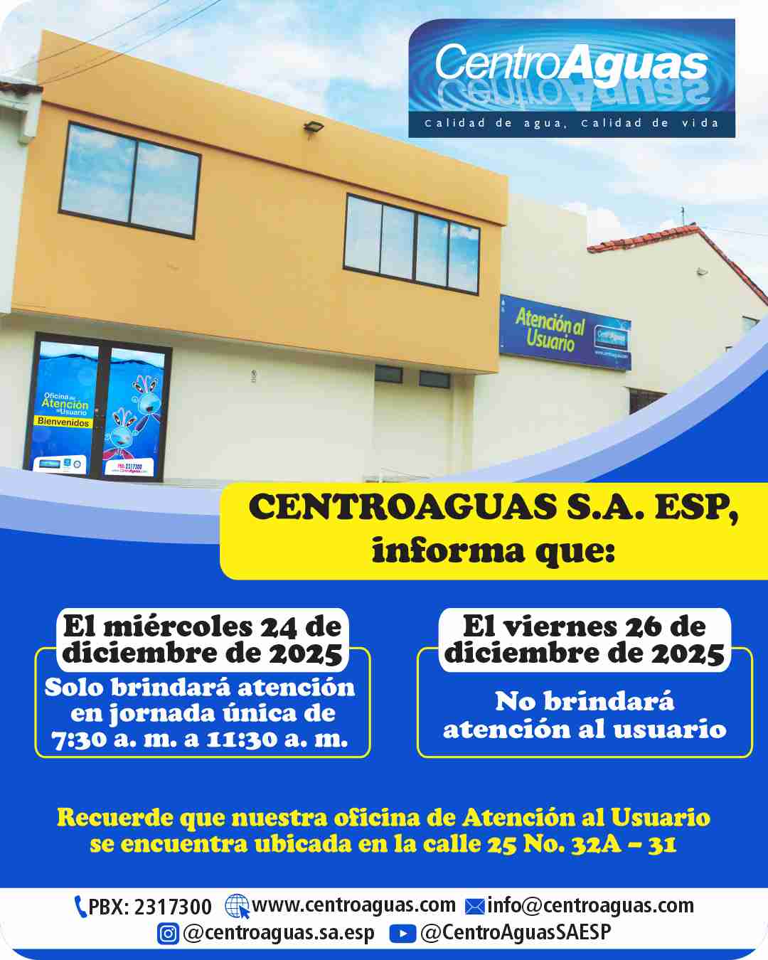 Jornada de atención miércoles 24 y viernes 26 de diciembre de 2025