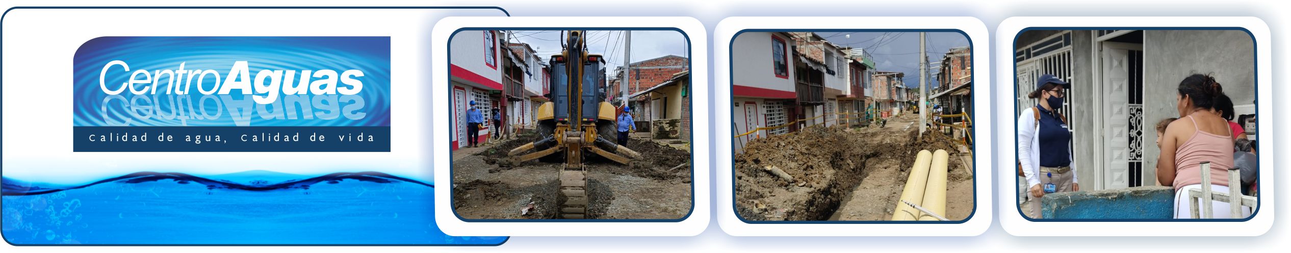 personal en la obra realizando trabajos de excavación y socialización de obra  Diseño de tres fotografías del personal en la obra realizando trabajos de excavación y socialización de obra