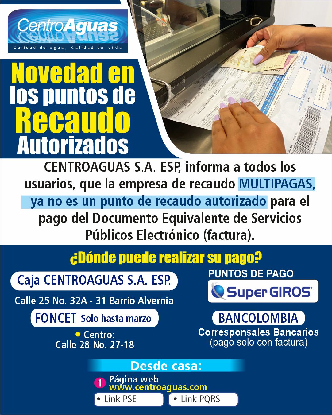 Novedad en los puntos de recaudo autorizados 