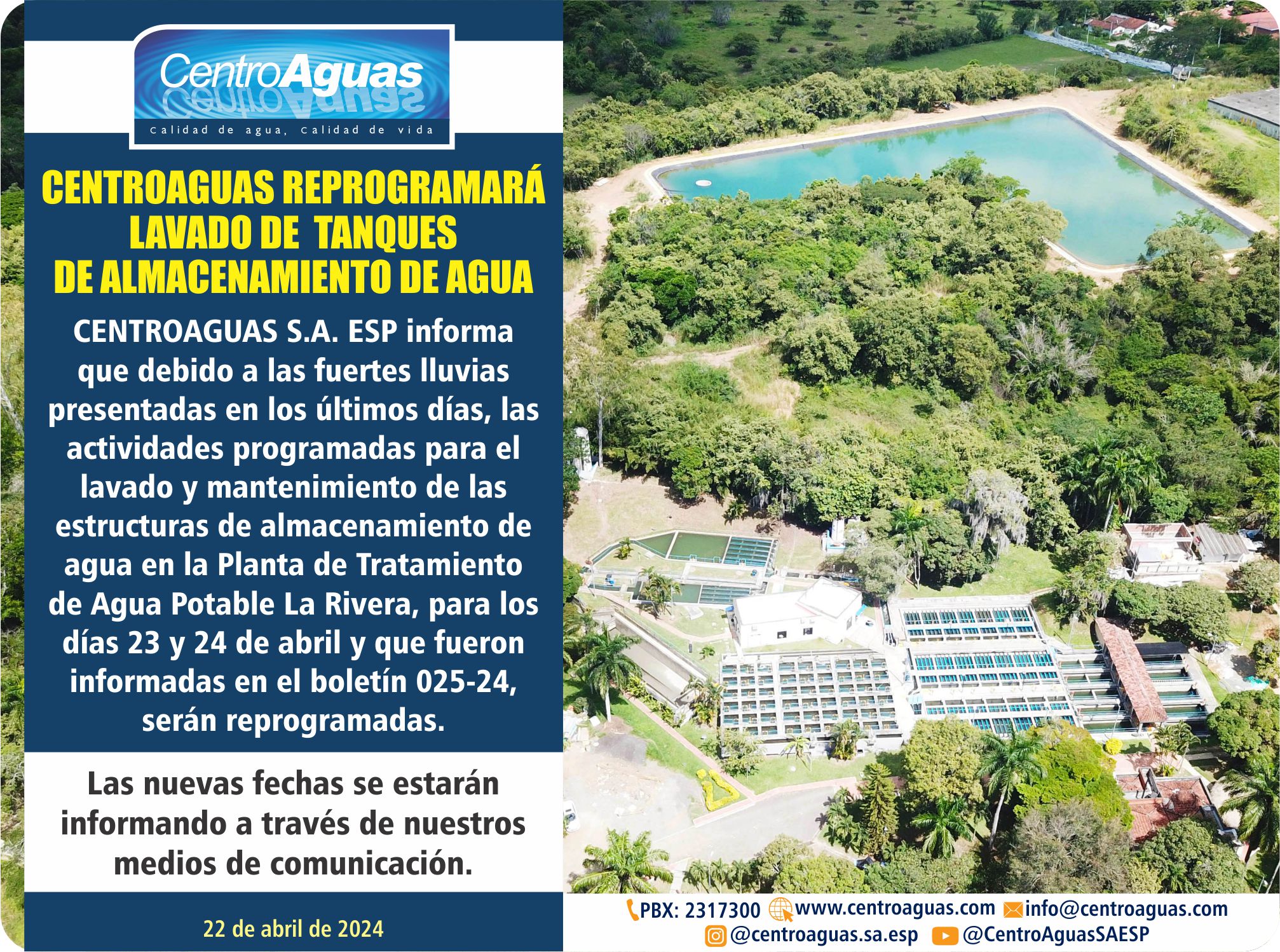 CENTROAGUAS reprogramará lavado de tanques de almacenamiento