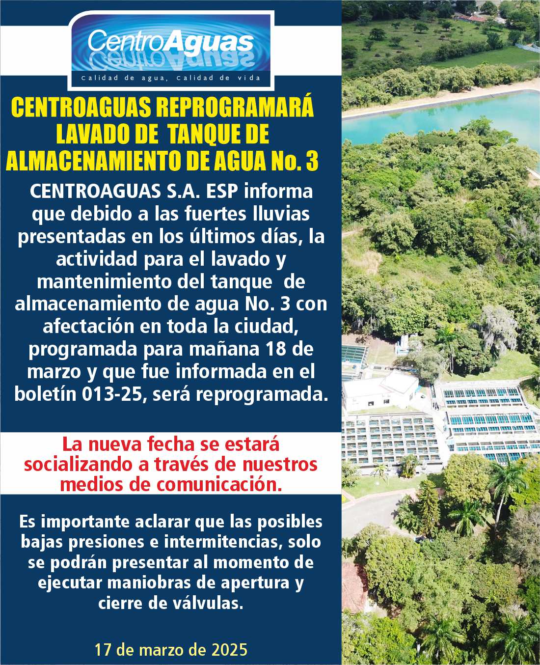 Se reprograma lavado de tanque de almacenamiento de agua No. 3