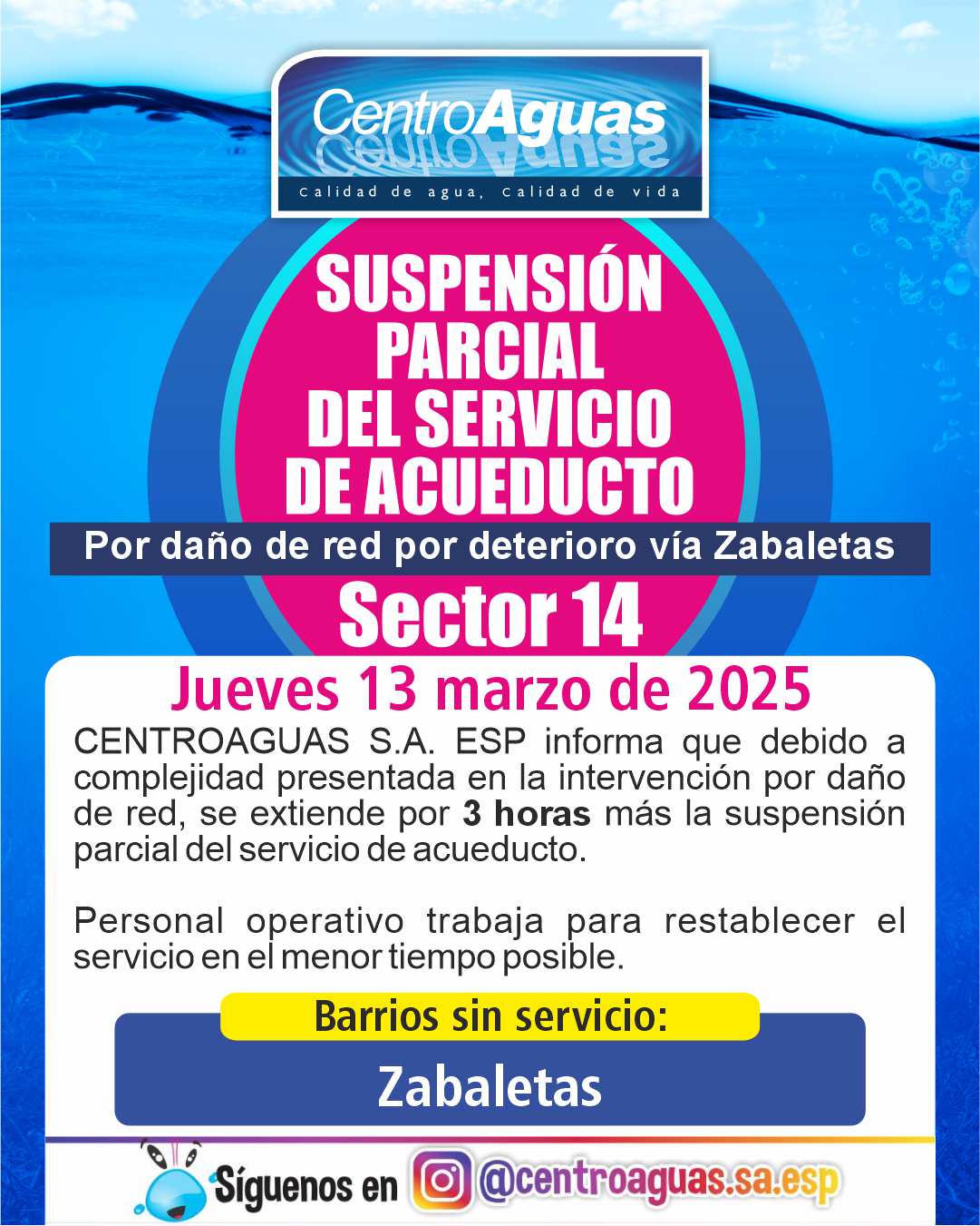 Se extiende suspensión parcial del servicio de acueducto en el sector 19