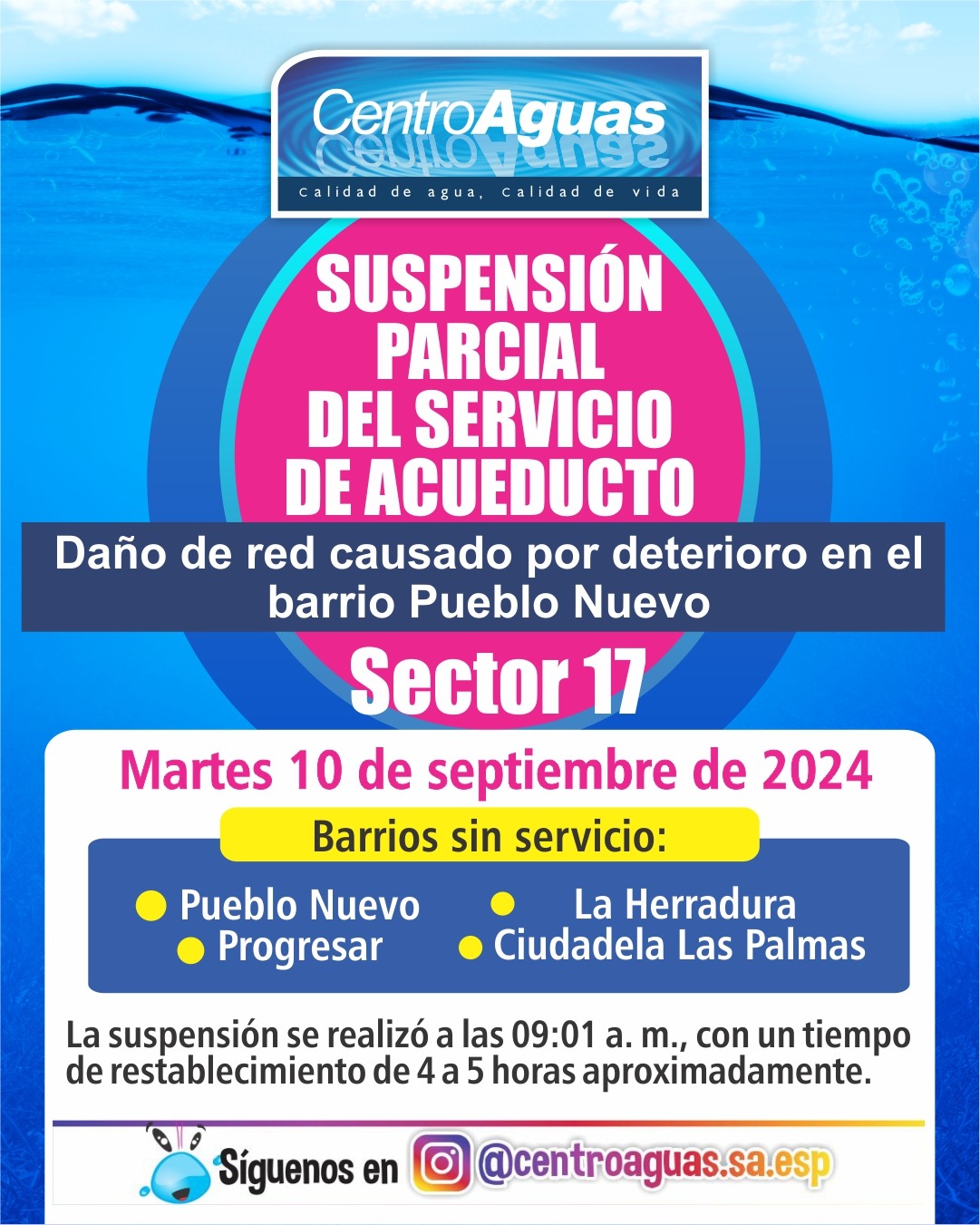 Suspensión parcial del servicio de acueducto del sector 17