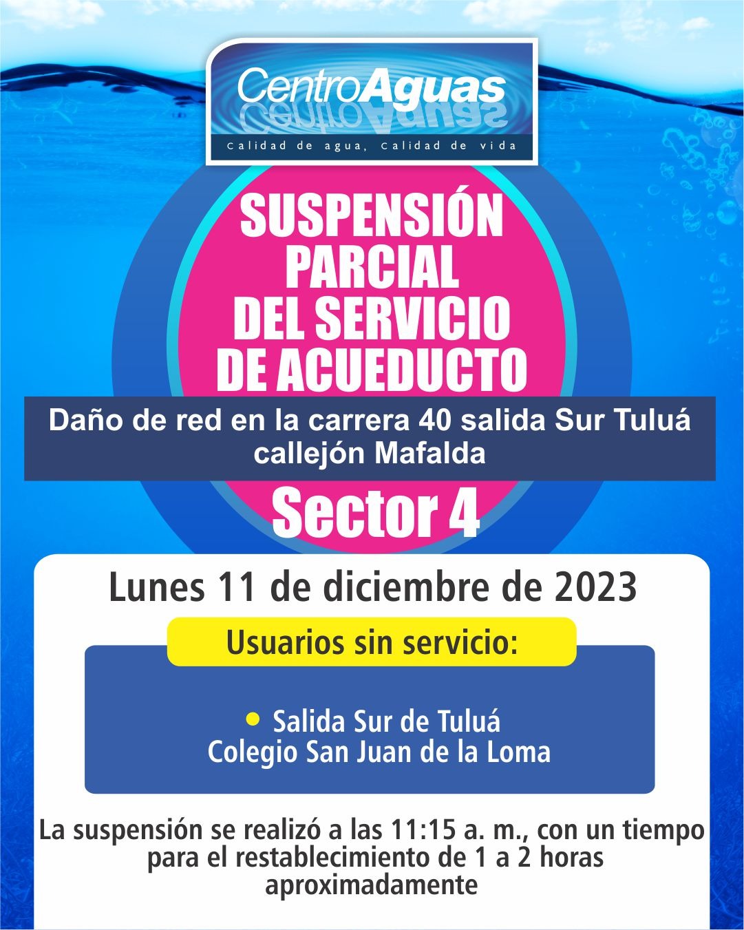 Suspensión parcial del servicio de acueducto del sector 4