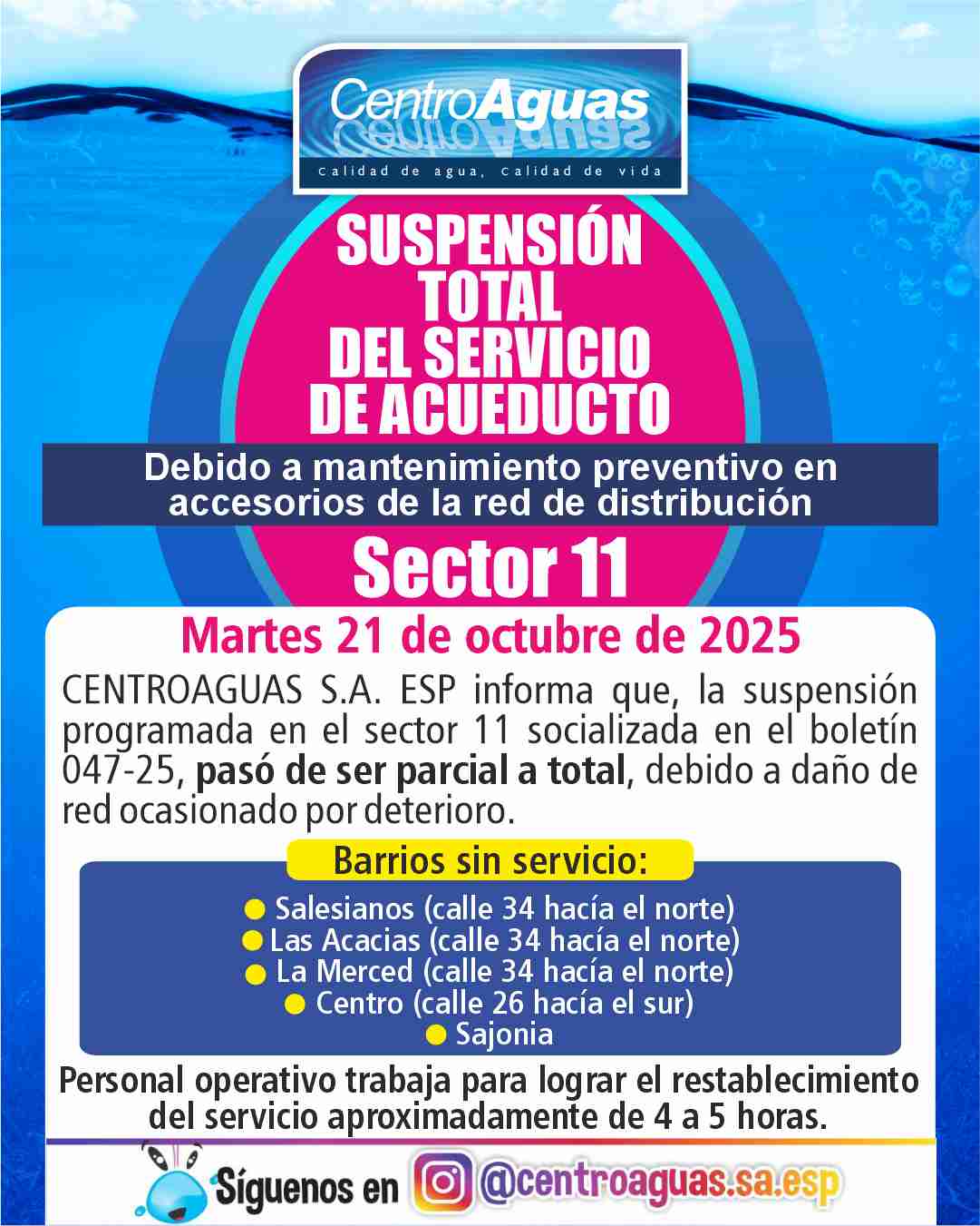 Suspensión parcial del servicio de acueducto del sector 11 pasa a ser total