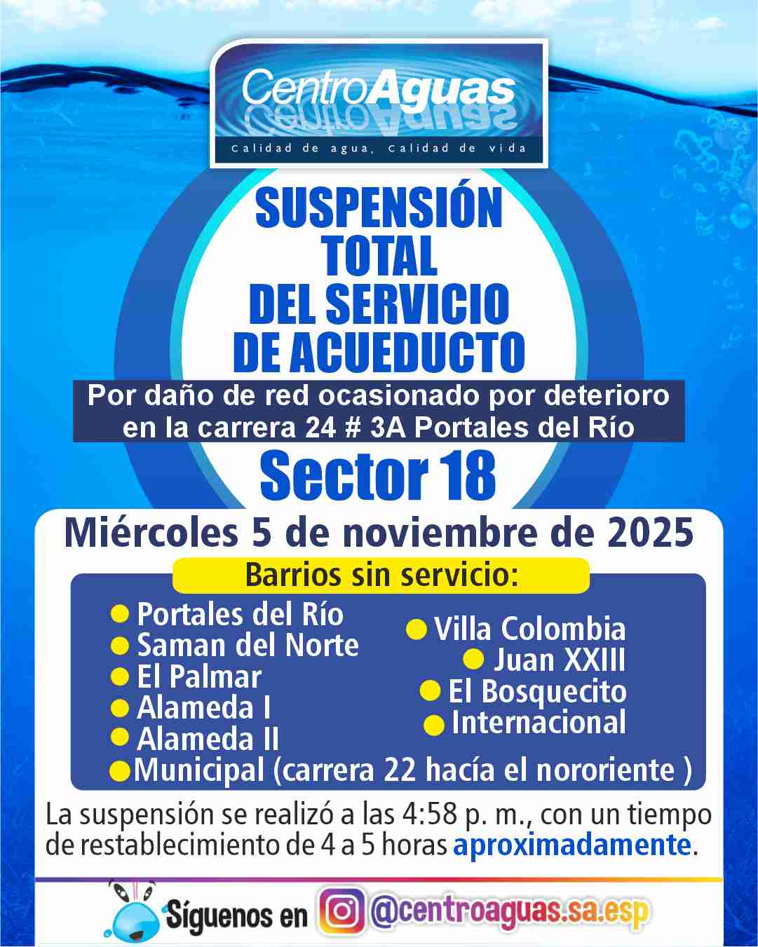 Suspensión total del servicio de acueducto del sector 18