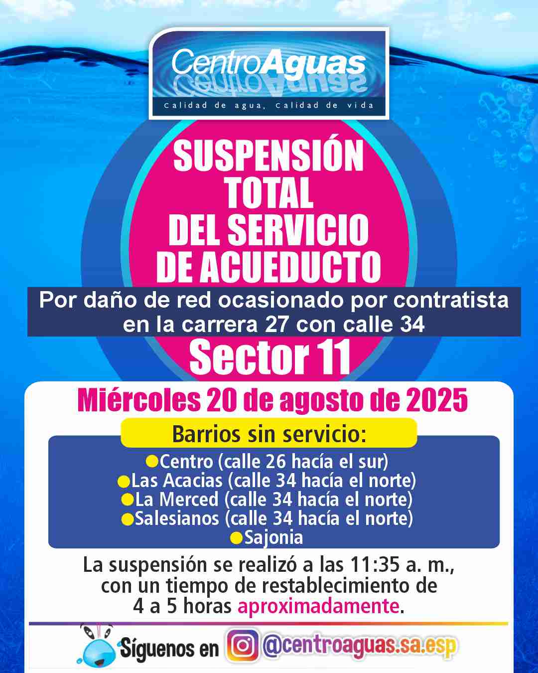 Suspensión total del servicio de acueducto del sector 11