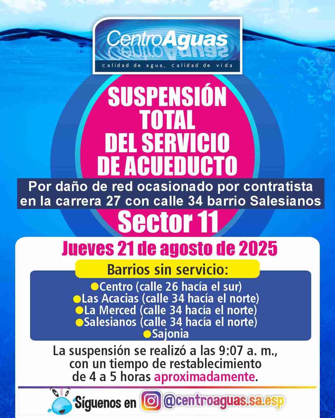 Suspensión total del servicio de acueducto del sector 11