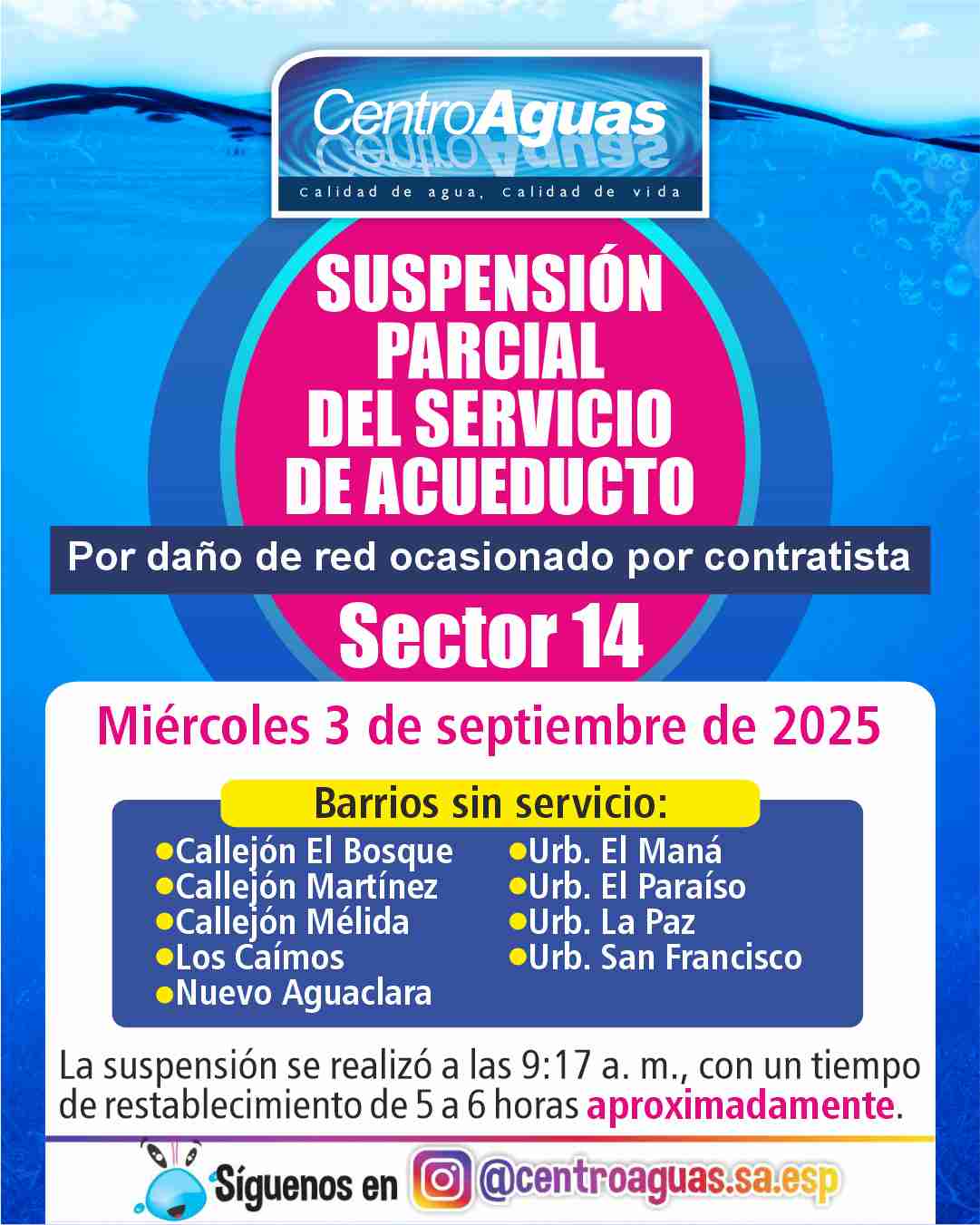 Suspensión parcial del servicio de acueducto del sector 14