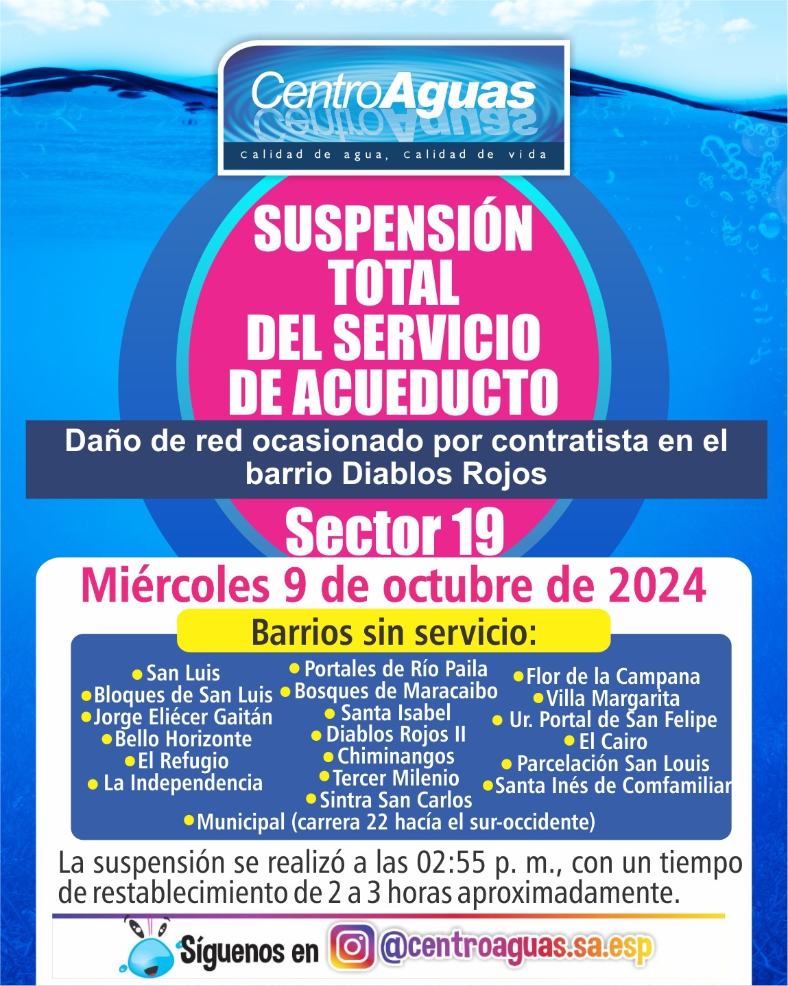 Suspensión total del servicio de acueducto del sector 19