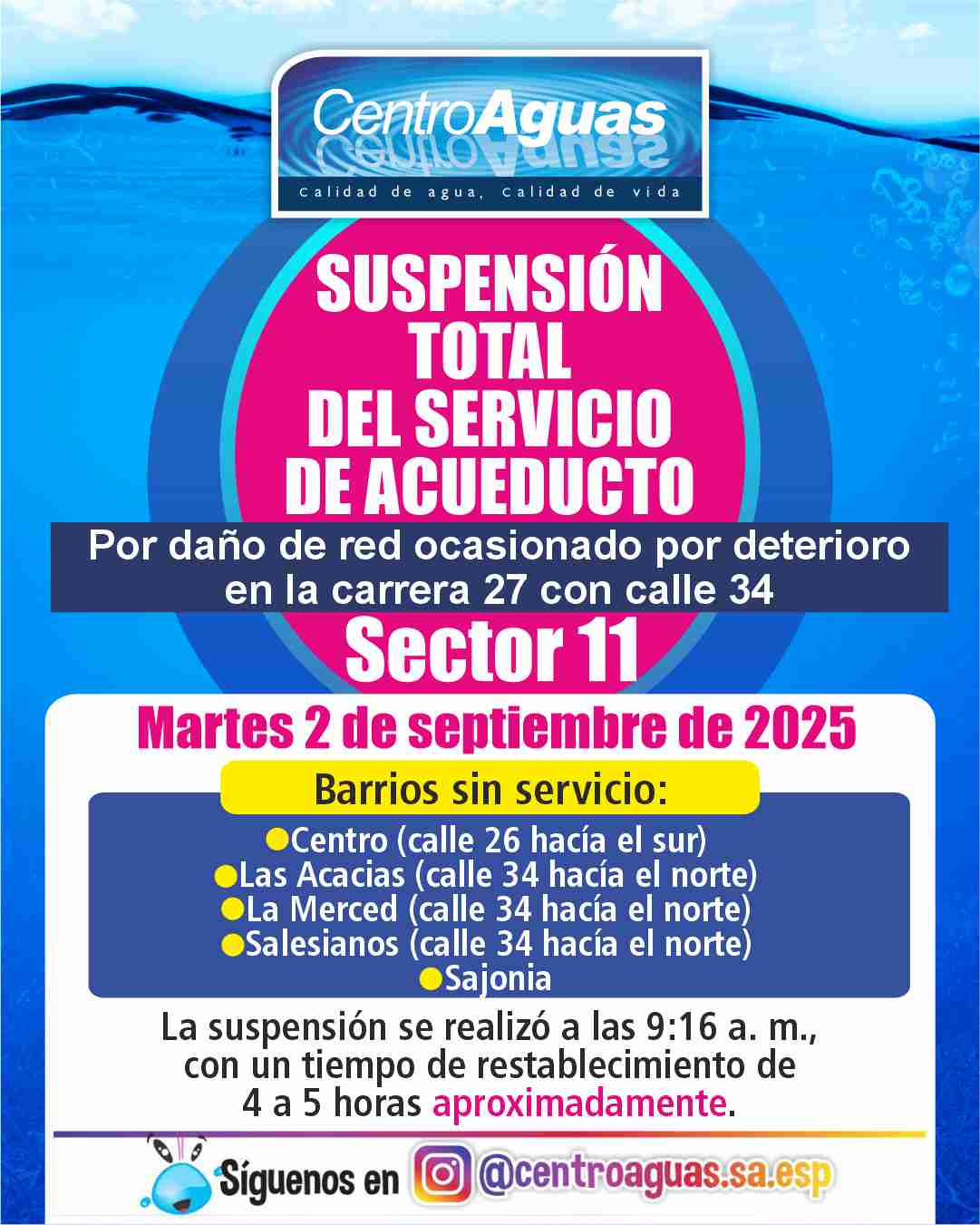 Suspensión total del servicio de acueducto del sector 11