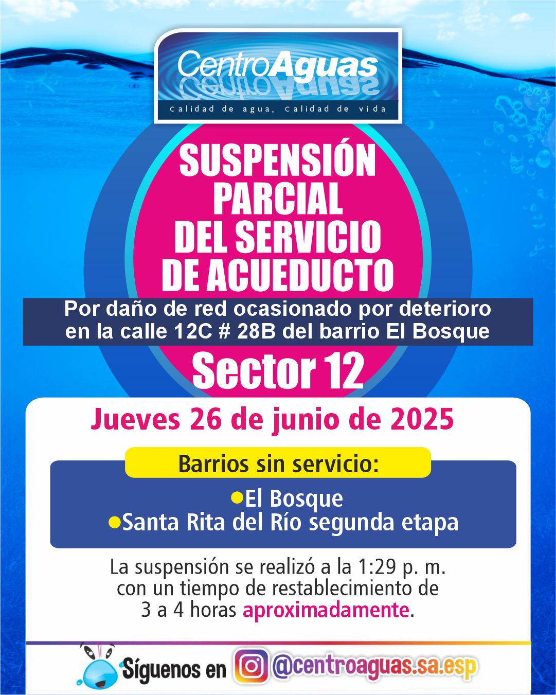 Suspensión parcial del servicio de acueducto del sector 12