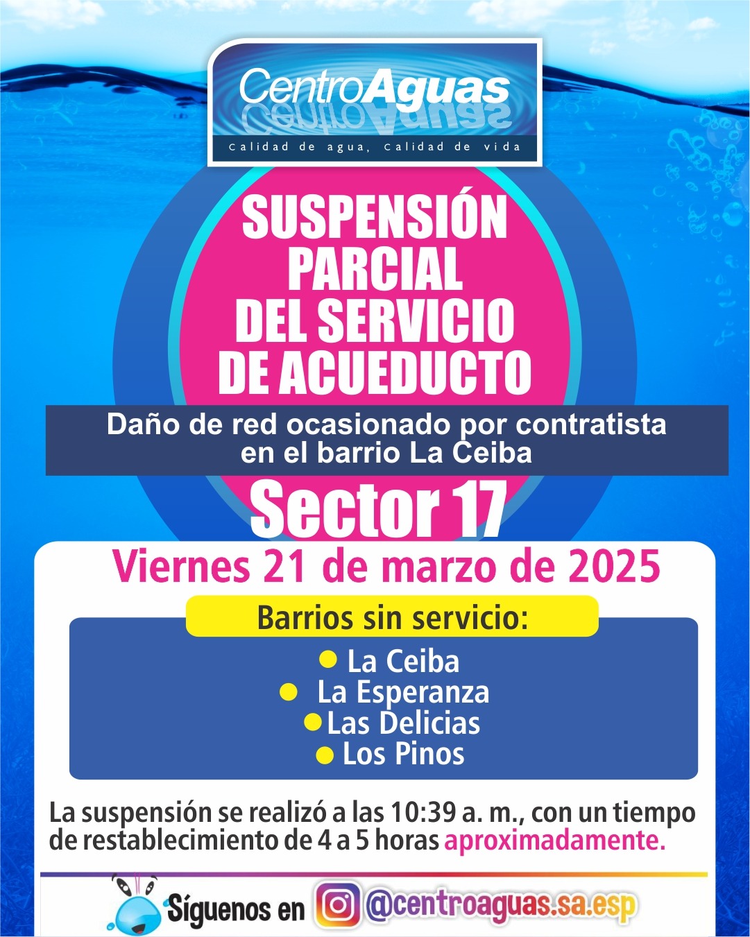 Suspensión parcial del servicio de acueducto del sector 17 