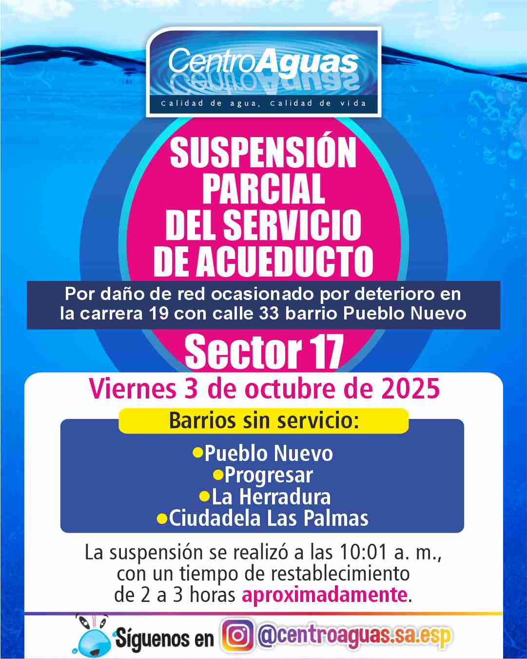 Suspensión parcial del servicio de acueducto del sector 17