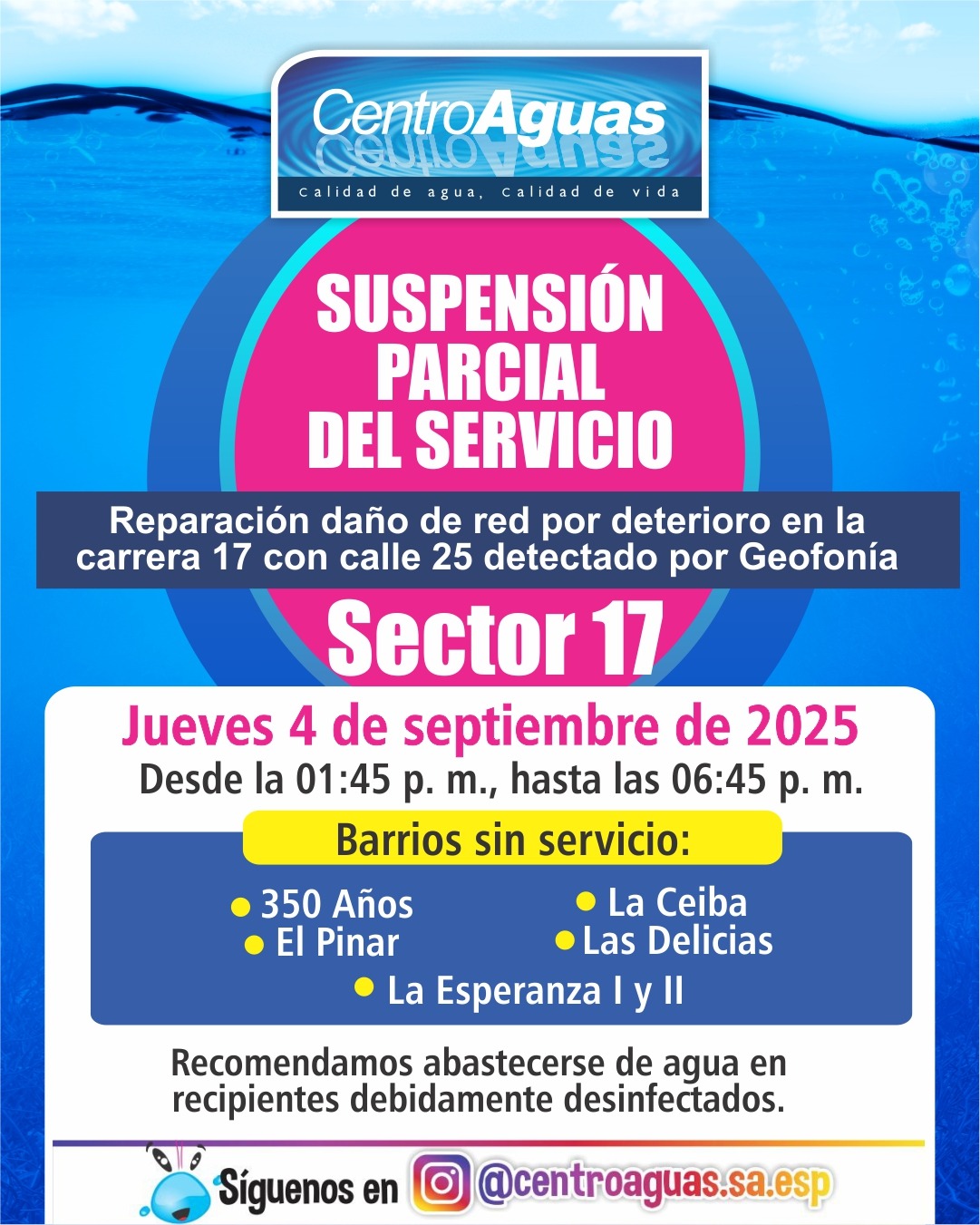 Suspensión parcial del servicio de acueducto en el sector 17
