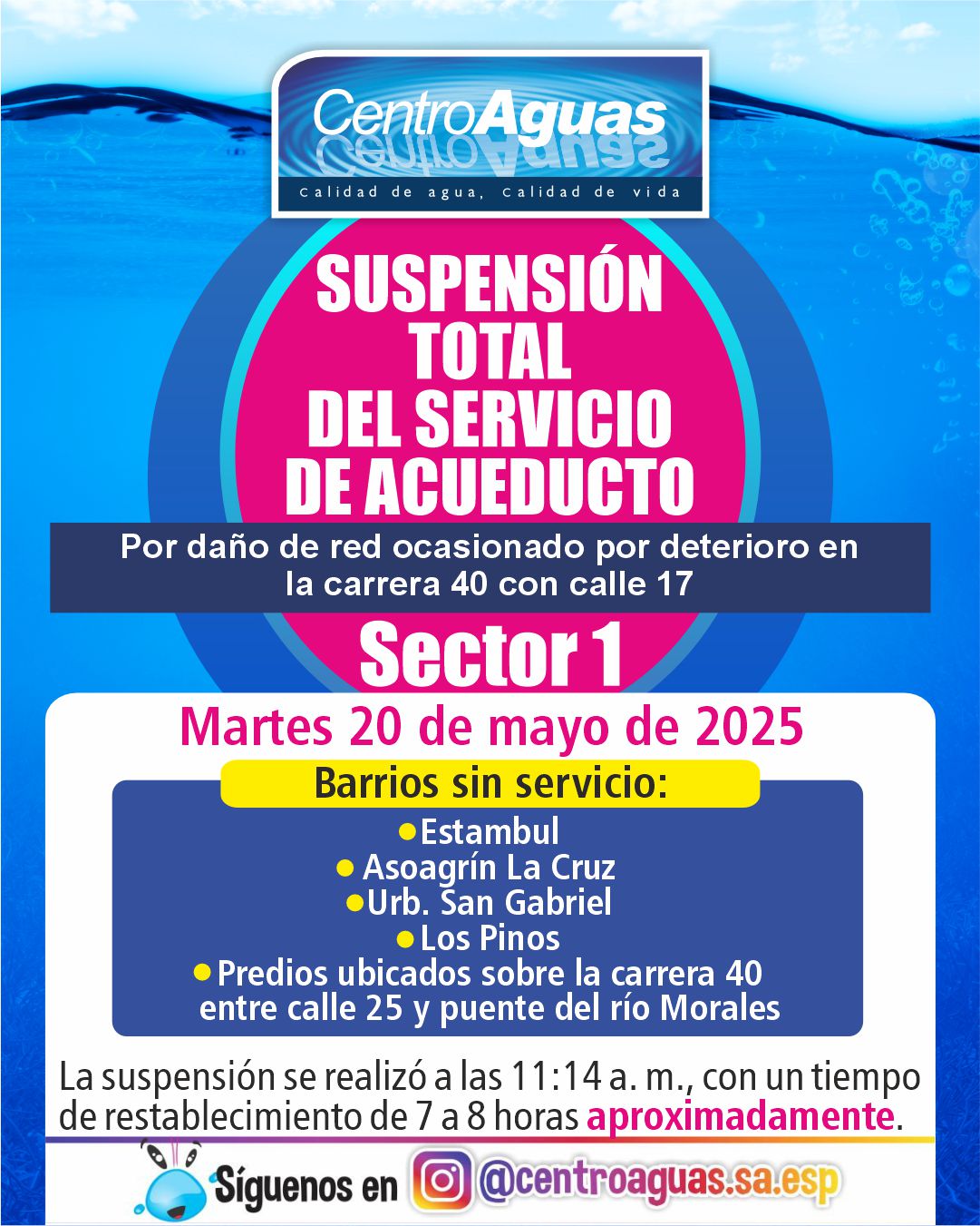 Suspensión total del servicio de acueducto del sector 1 