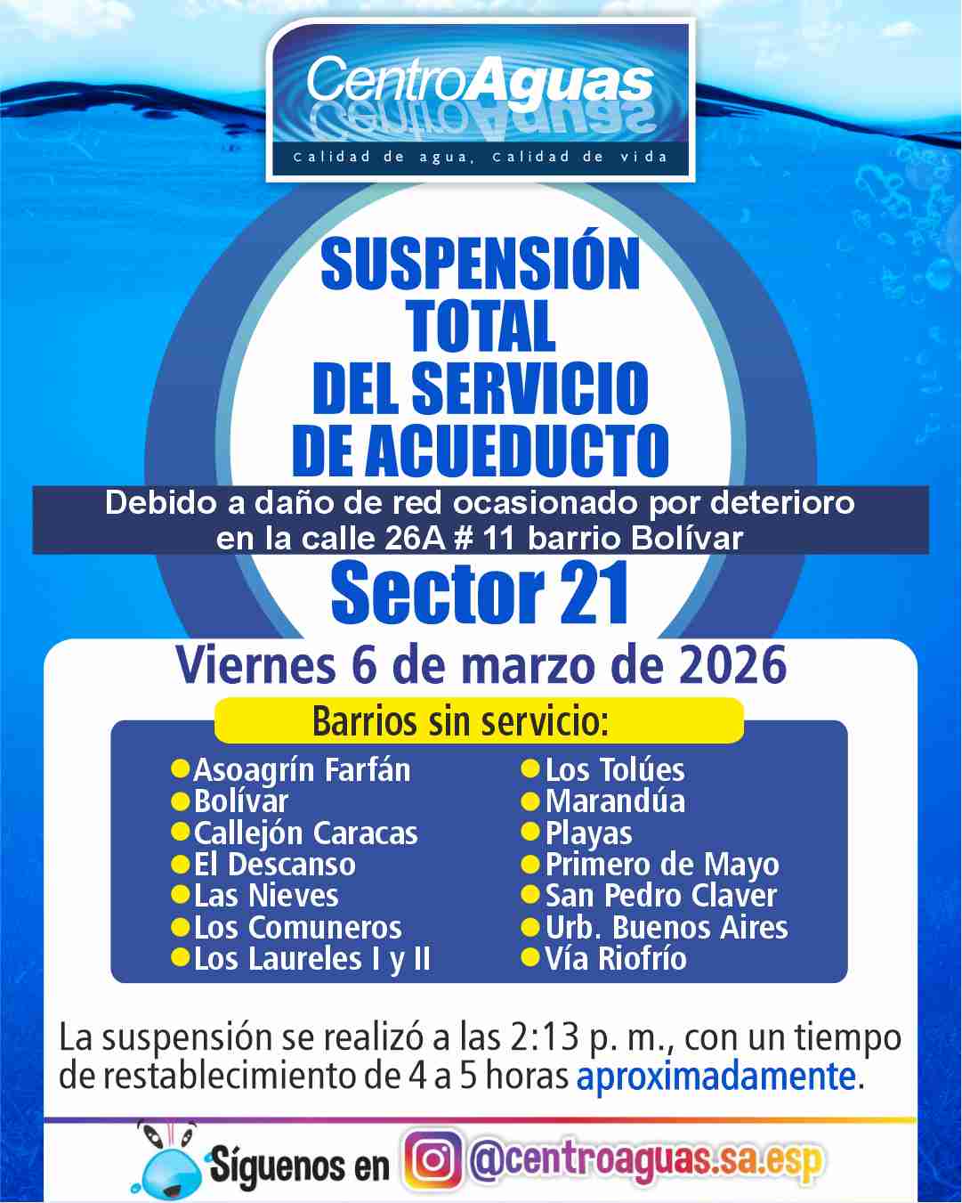 Suspensión total del servicio de acueducto del sector 21 