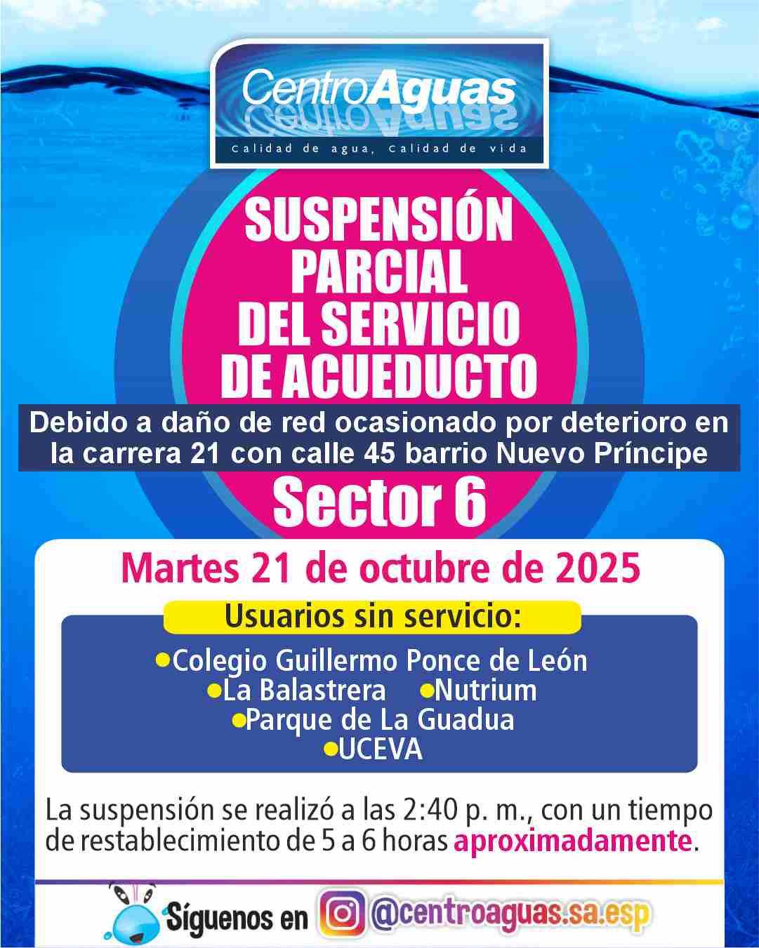 Suspensión parcial del servicio de acueducto del sector 6