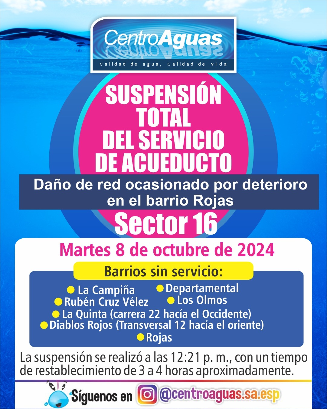 Suspensión total del servicio de acueducto del sector 16