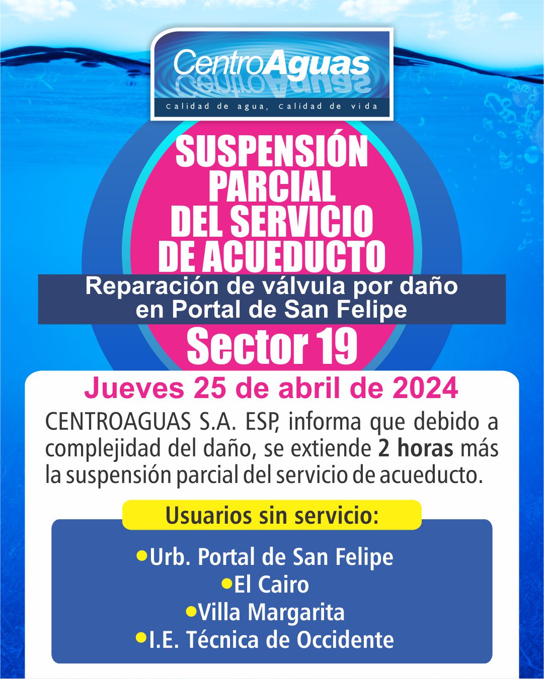 Se extiende suspensión parcial del servicio de acueducto en el sector 19