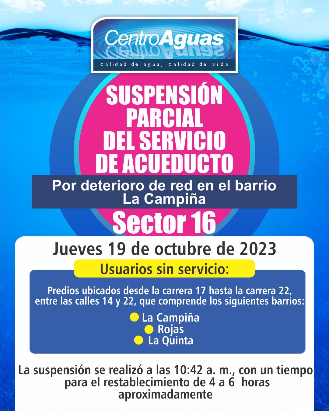 Suspensión parcial del servicio de acueducto del sector 16 / octubre 19
