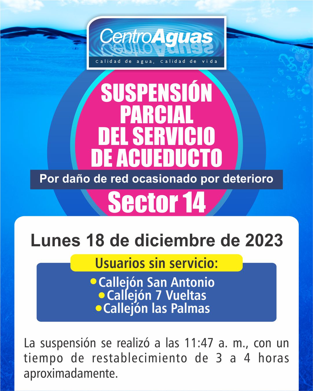 Suspensión parcial del servicio de acueducto del sector 14