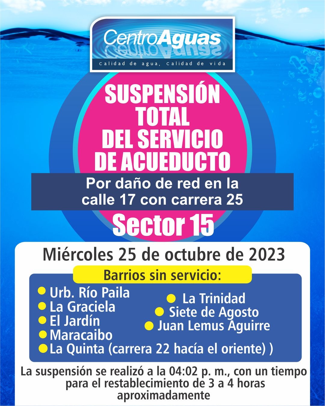Suspensión total del servicio de acueducto del sector 15 