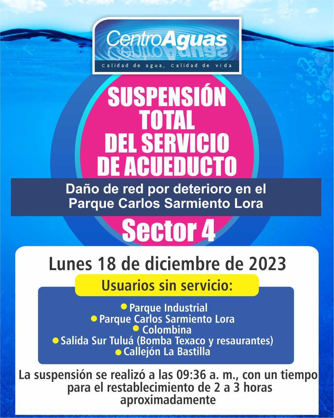 Suspensión total del servicio de acueducto del sector 4