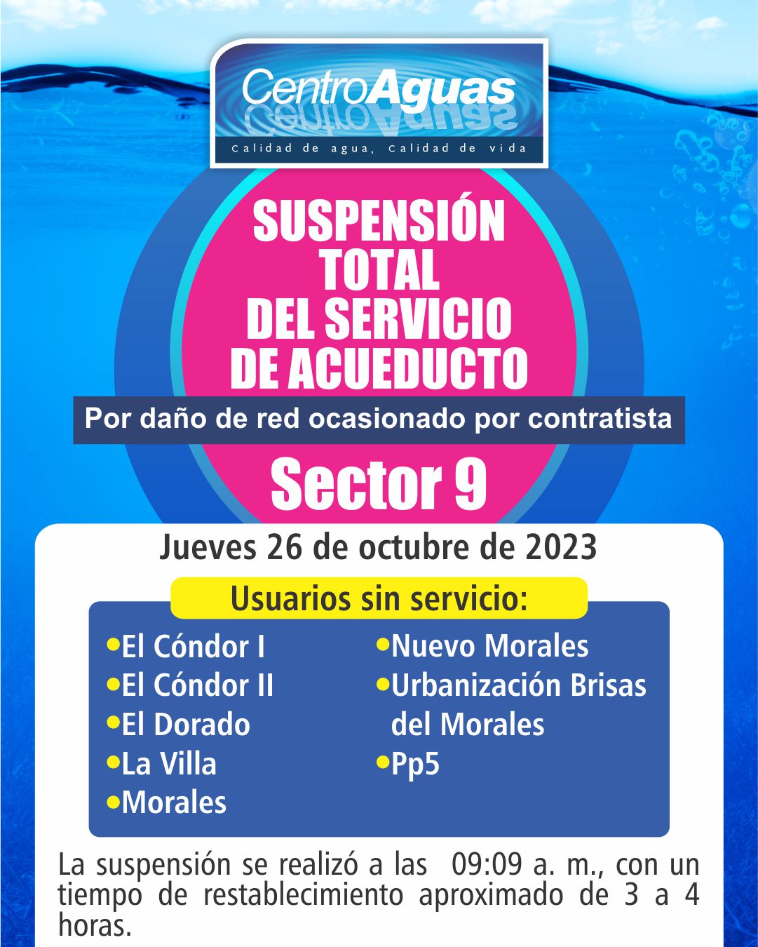 Suspensión total del servicio de acueducto del sector 9