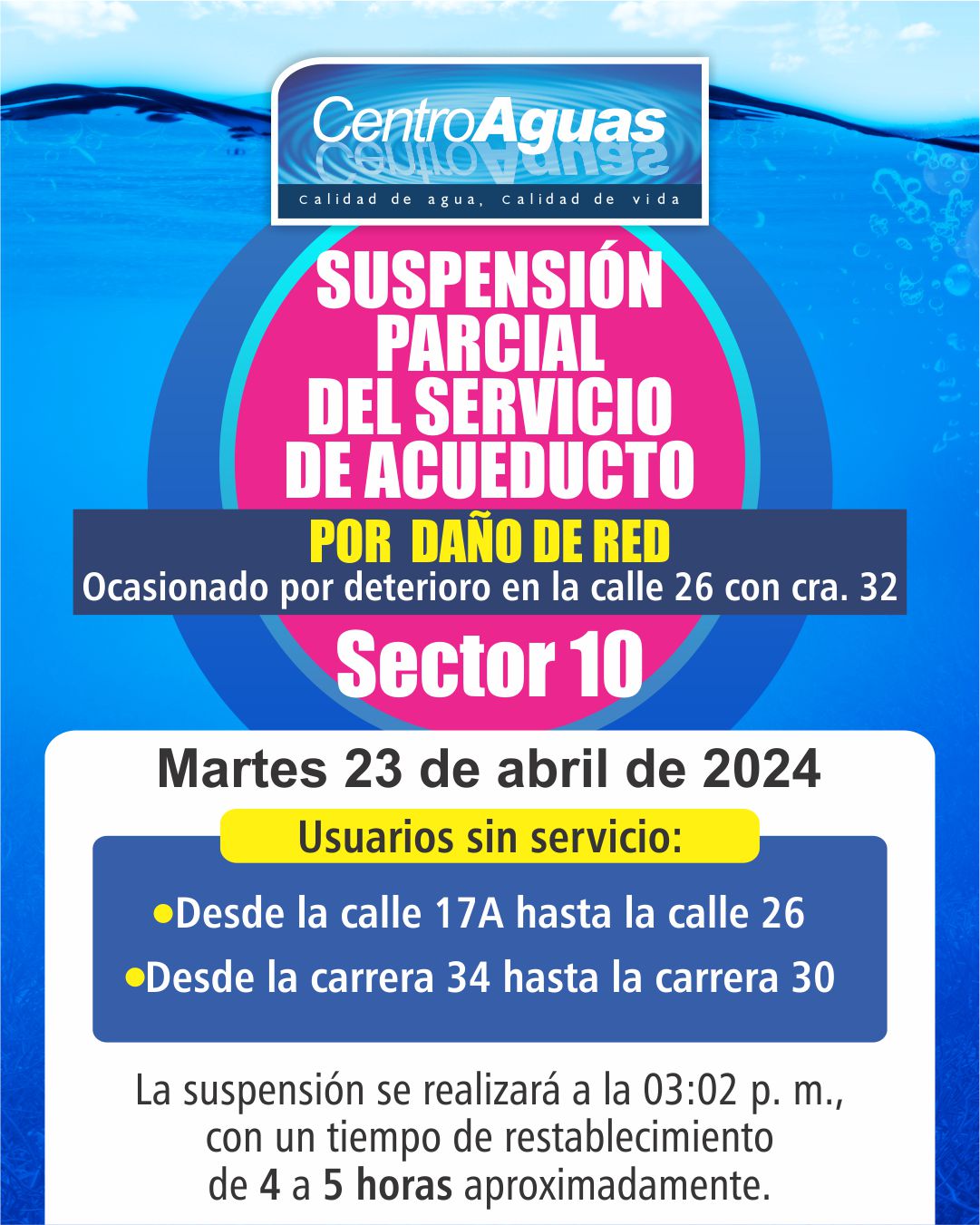 Suspensión parcial del servicio de acueducto en el sector 10