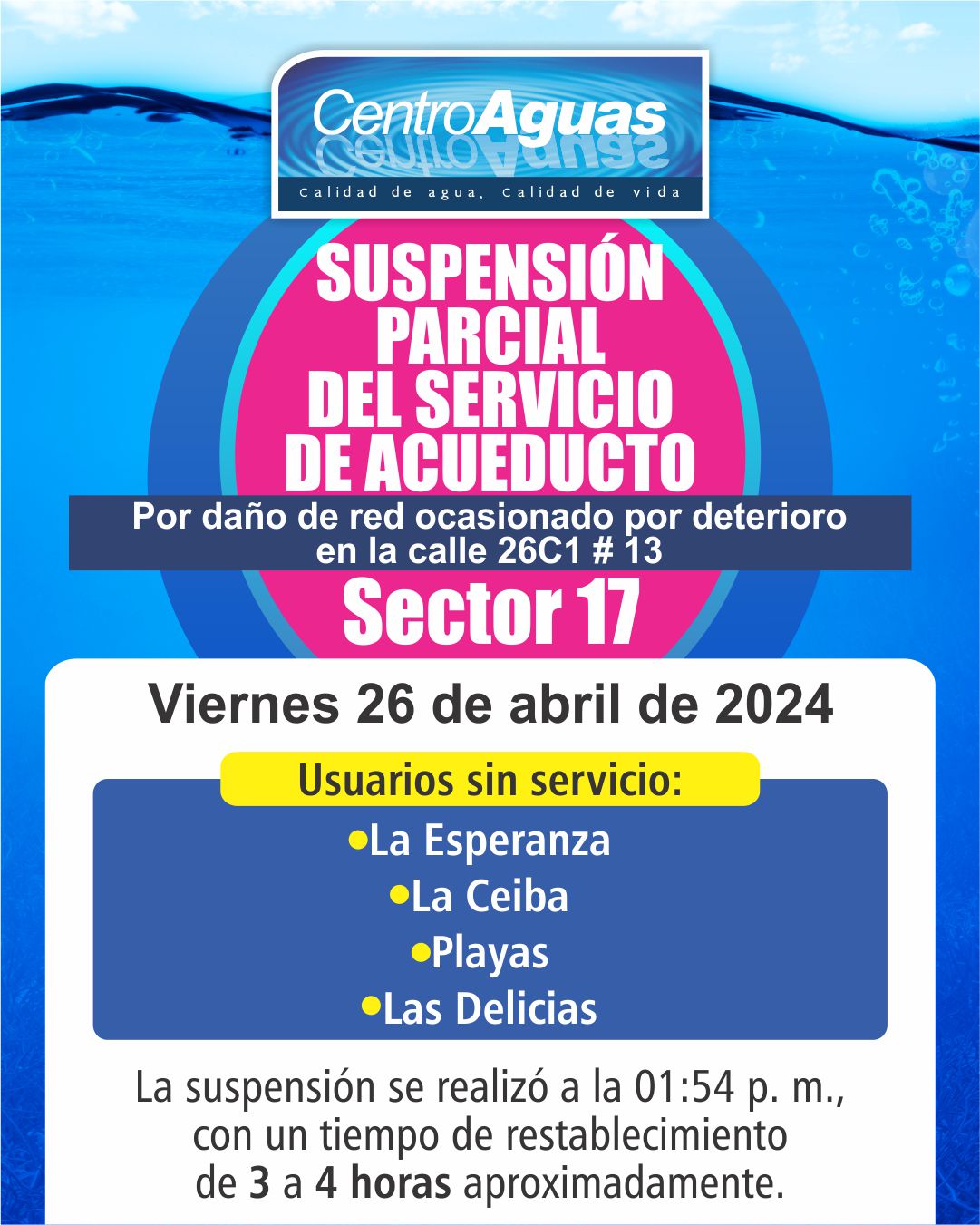Imagen representa información sobre Suspensión parcial del servicio de acueducto del sector 17 