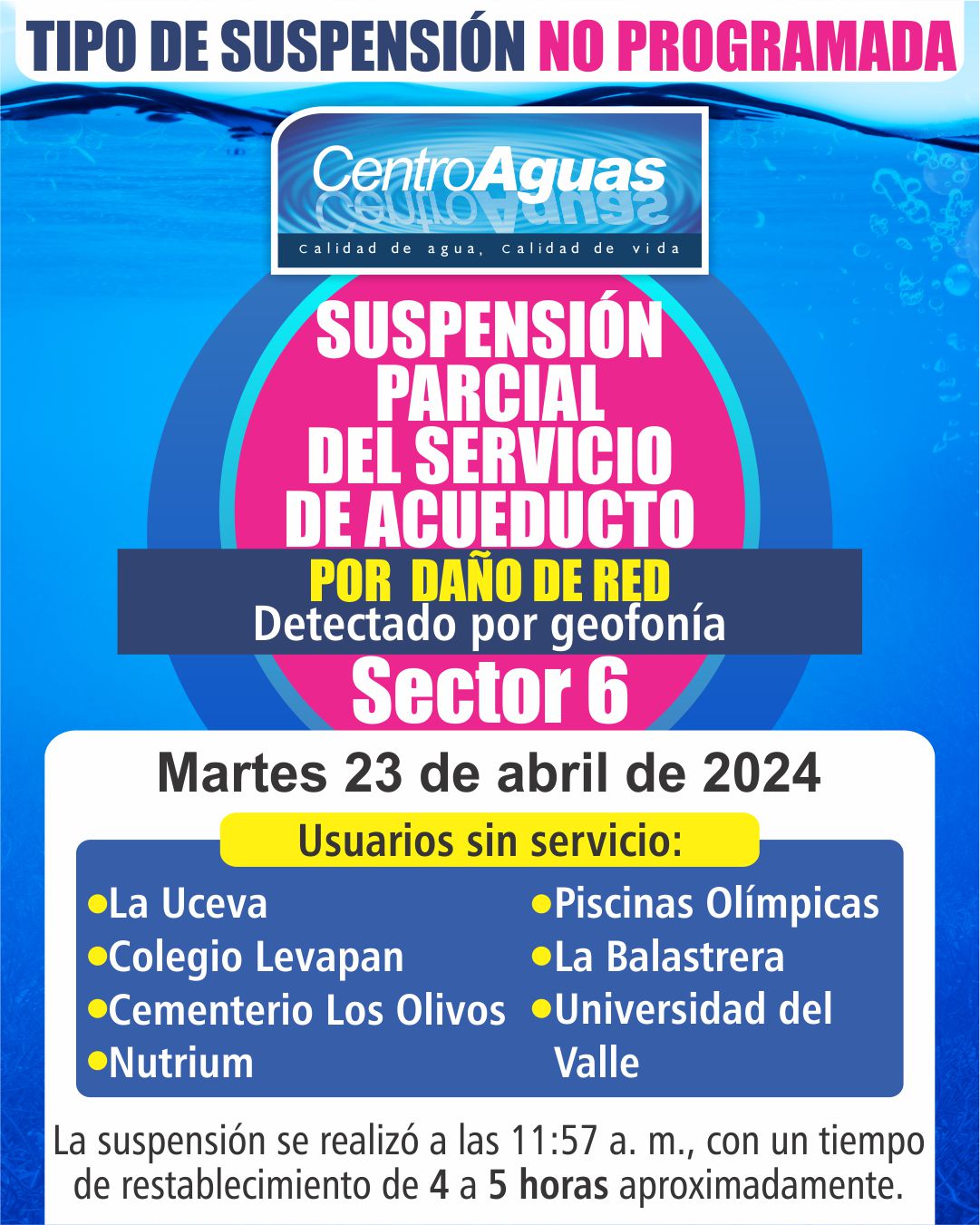 Imagen informando la Suspensión parcial del servicio de acueducto del sector 6