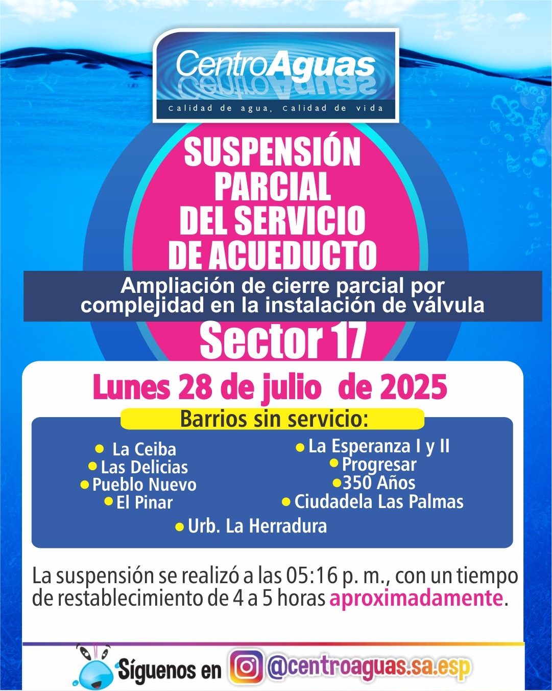 Suspensión parcial del servicio de acueducto del sector 17