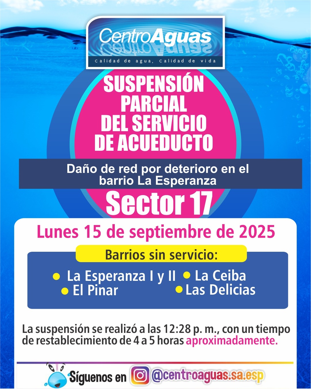 Suspensión parcial del servicio de acueducto del sector 17