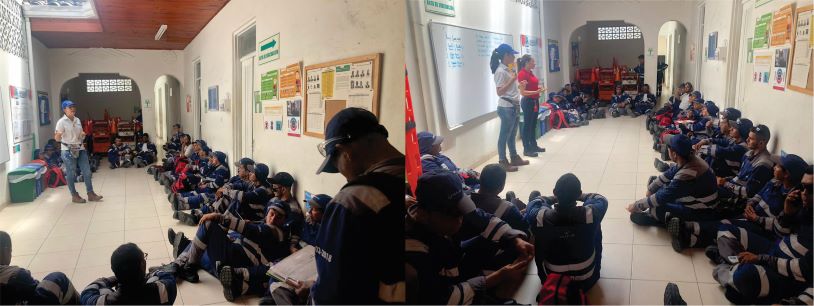 Diseño de dos fotografías del personal de la empresa capacitando a los colaboradores de Veolia Aseo Tuluá 