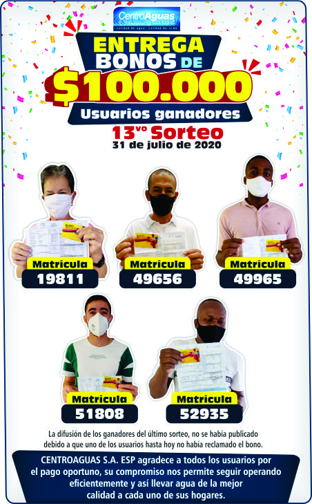 Imagen representativa de la entrega de los bonos de $100.000 a los ganadores del treceavo sorteo