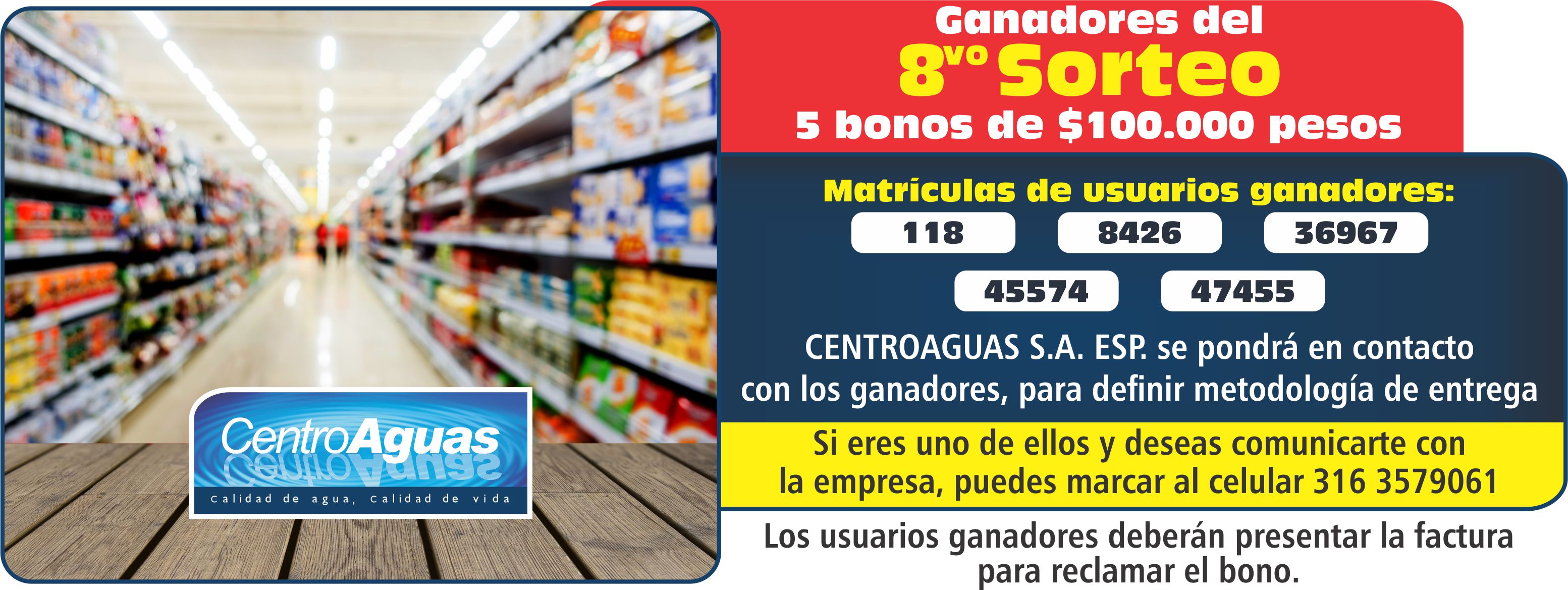 Imagen representativa informando el número de las matrículas que ganaron bonos de $100.000 del octavo sorteo