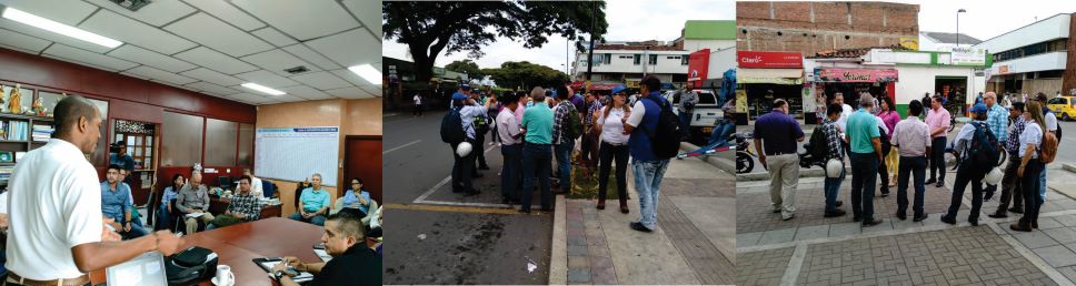 tres fotografías donde aparecen funcionarios de la empresa con la comunidad de comerciantes de la obra de la carrera 21 