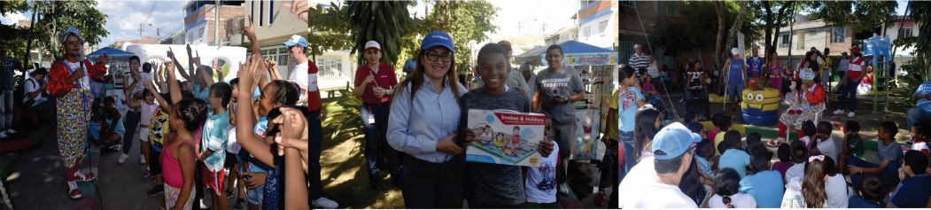 niños y adultos compartiendo de actividades durante la entrega del parque en la comunidad el descanso  tres fotografías donde se ven a los niños y adultos compartiendo de actividades durante la entrega del parque