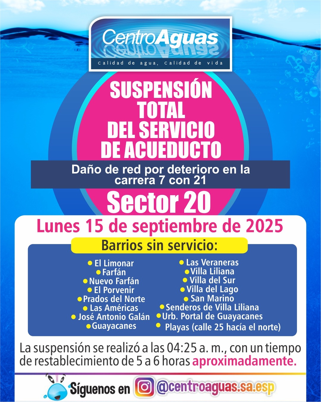 Suspensión total del servicio de acueducto del sector 20