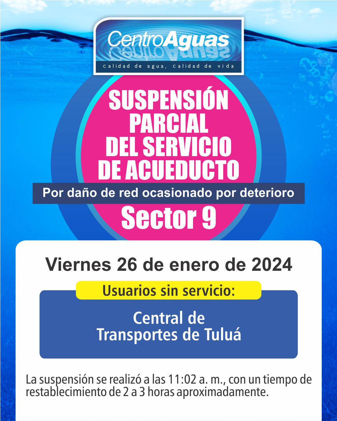 Suspensión parcial del servicio de acueducto en el sector 9
