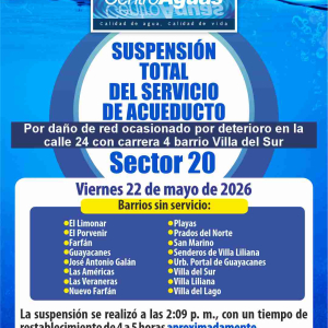 Suspensión total del servicio de acueducto del sector 20
