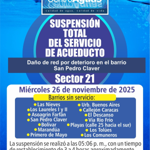 Suspensión total del servicio de acueducto en el sector 21